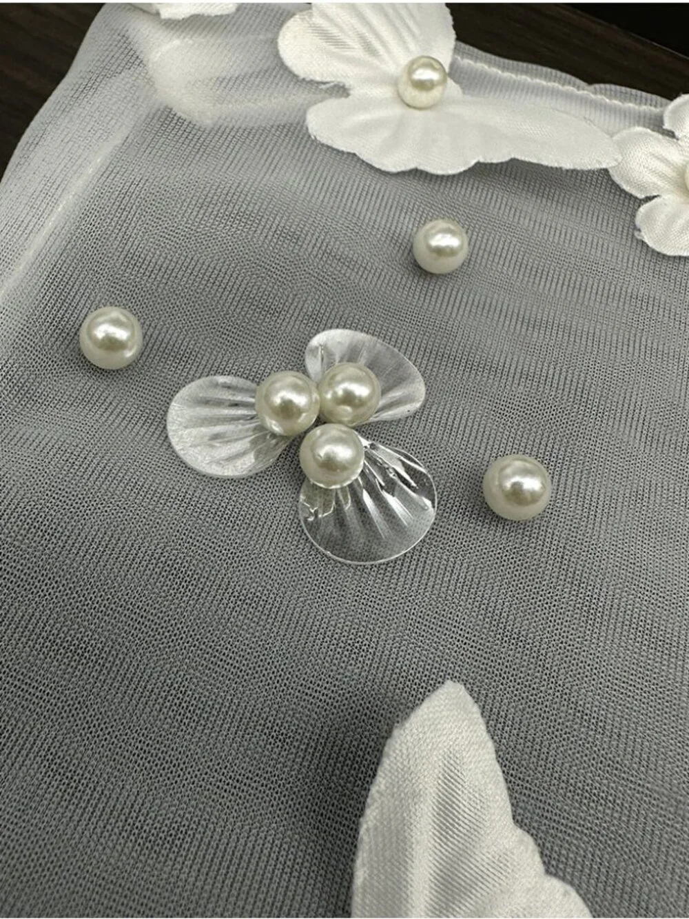 Vintage Pearl & Butterfly Sheer Tulle Wedding Gloves White Mid Length 40cm
